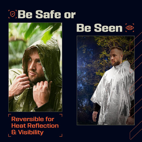 PREPARED4X Emergency Rain Poncho with Mylar Blanket Liner - Survival Blankets for Car - Heavy Duty, Waterproof Camping Gear...